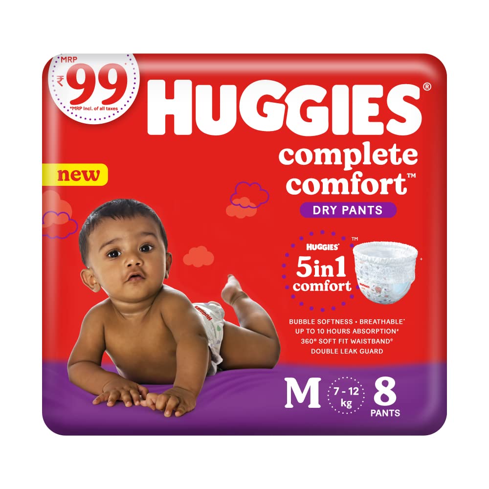 Huggies Complete Comfort Dry Pants Medium (M) Size Baby Diaper Pants, 8 Count